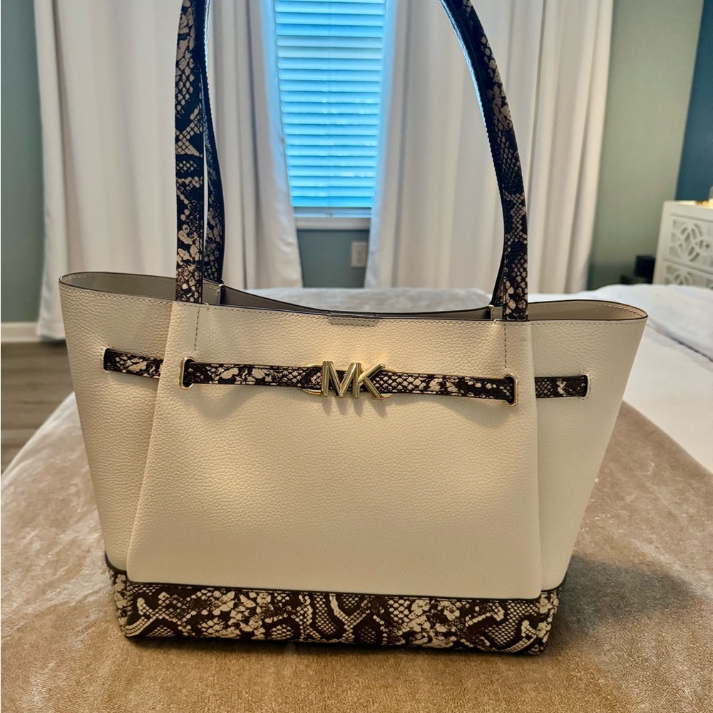 Michael Kors White and Brown Snake Print Tote